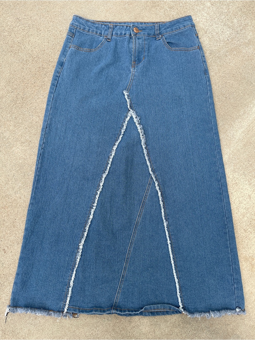 Y2K Denim Grunge A-Line Maxi Skirt Dramatic Front Raw Frayed Seams size M